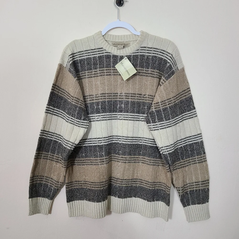Munsingwear Vintage Mens M Striped Cable Knit Sweater Neutral Grandpacore NWT‎